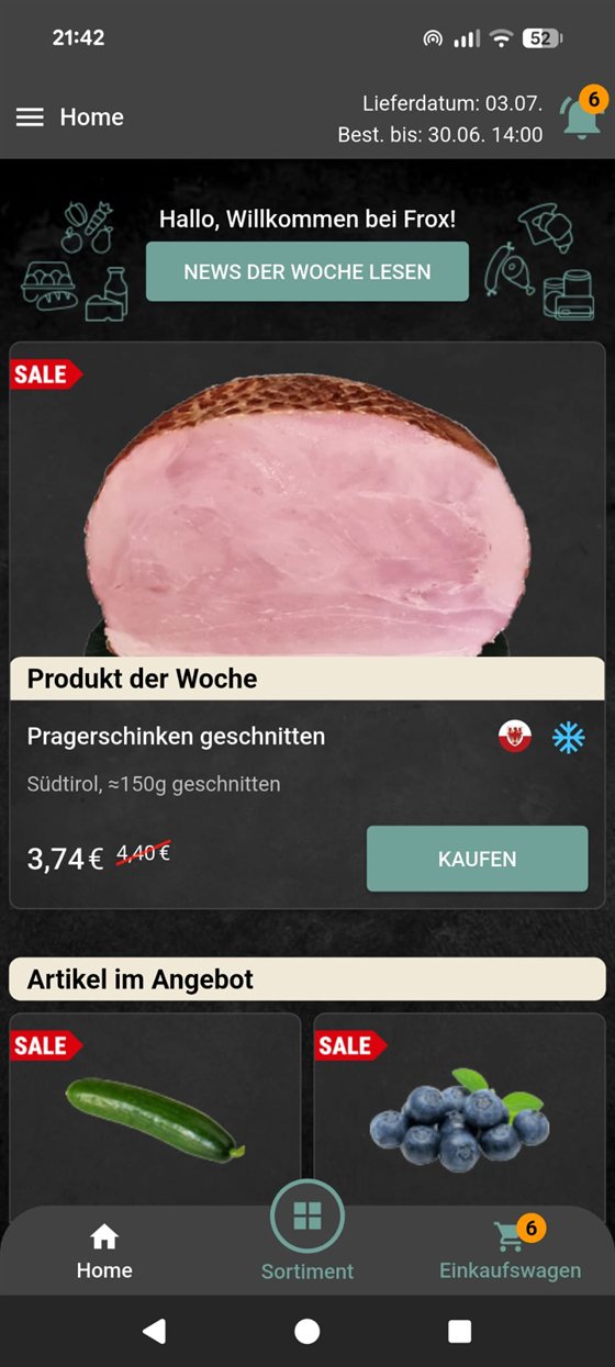 freshpilot App-Startseite mit Produkt der Woche und Aktionen