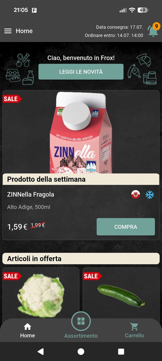 Schermata iniziale dell'app freshpilot con il prodotto della settimana e le promozioni
