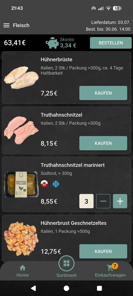 freshpilot app product listing with cart and buy buttons