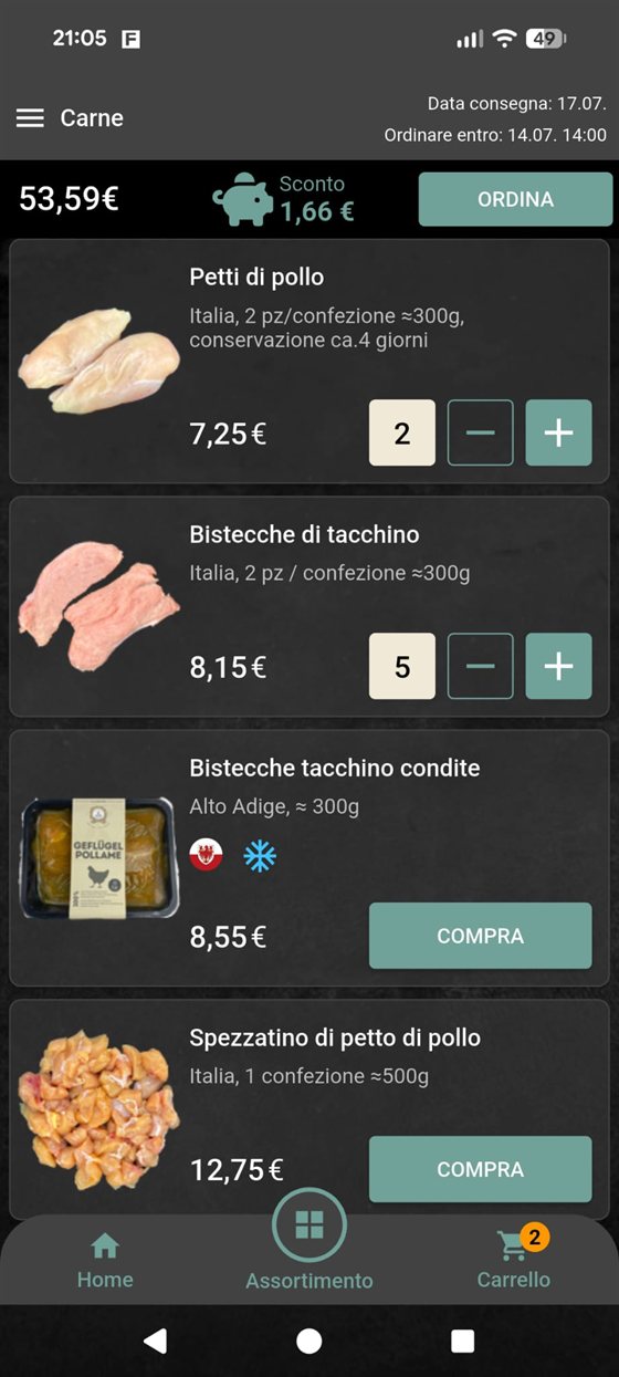 Elenco prodotti nell'app freshpilot con carrello e pulsanti di acquisto